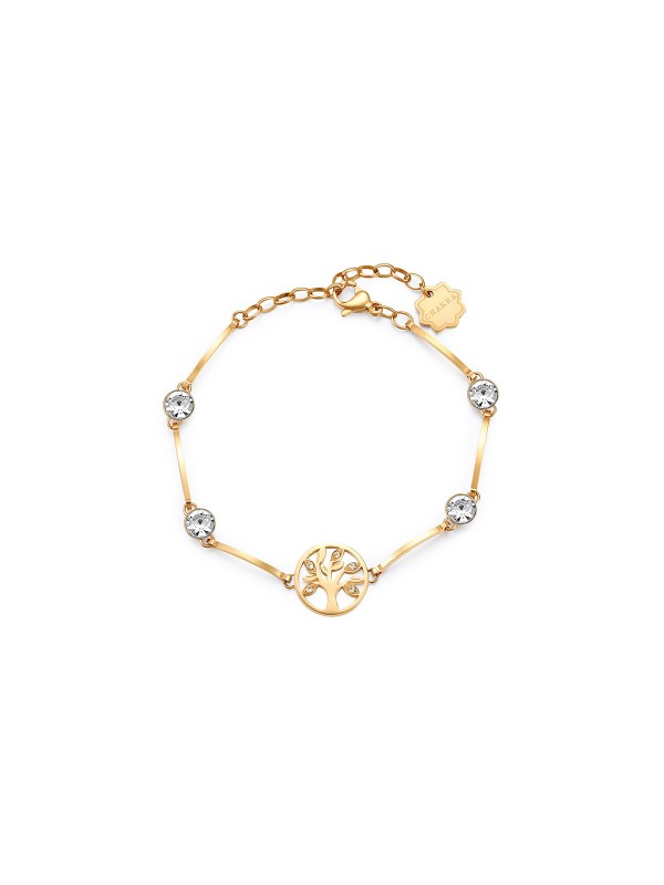 Brosway ženska narukvica iz Chakra kolekcije, sa motivom drvo života i Swarovski kristalima, napravljena od nerđajućeg čelika u boji žutog zlata.