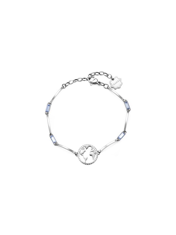 Brosway narukvica iz Chakra svet kolekcije, napravljena od nerđajućeg čelika u boji srebra, sa globusom i Swarovski kristalima u plavoj boji.