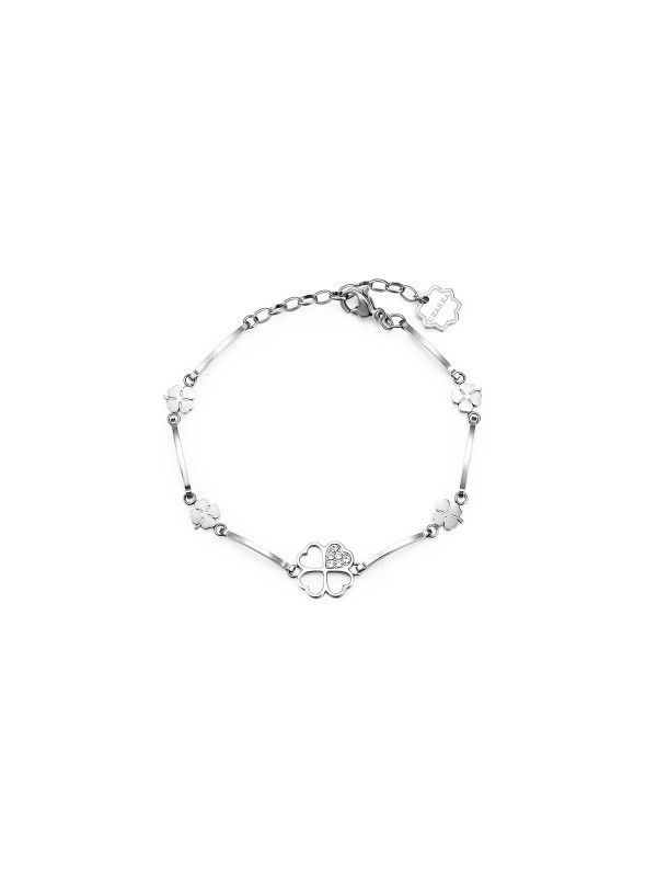 Brosway ženska narukvica iz Chakra kolekcije, napravljena od nerđajućeg čelika srebrne boje sa detelinom sa 4 lista i Swarovski kristalima.