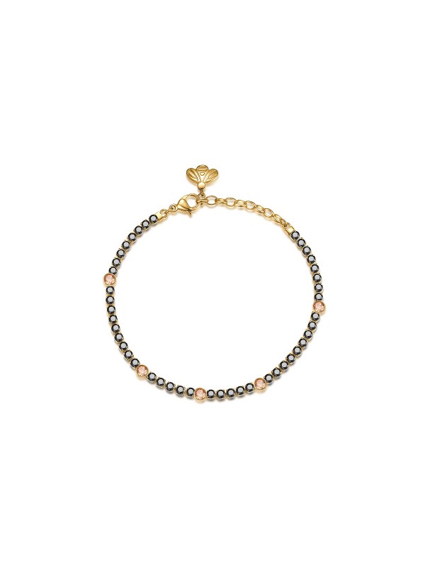 Narukvica od nerđajućeg čelika u boji žutog zlata sa crnim cirkonima, Swarovski® kristalima u šampanj boji i visećim priveskom: pčelica na kopči.