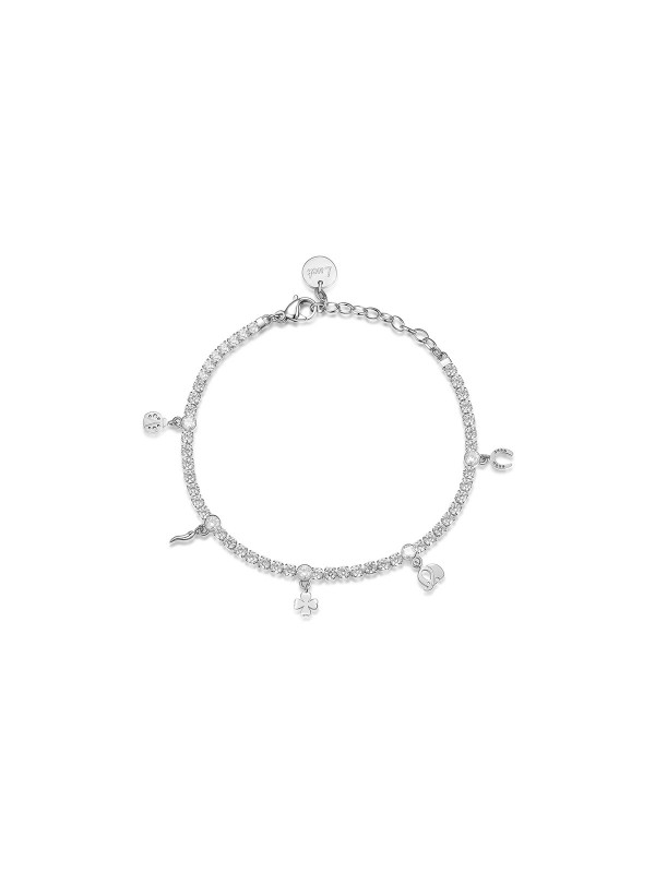 Narukvica od nerđajućeg čelika koja dolazi sa belim atraktivnim cirkonima koji su izvanredan detalj. Krase je Swarovski kristali i viseći privesci.