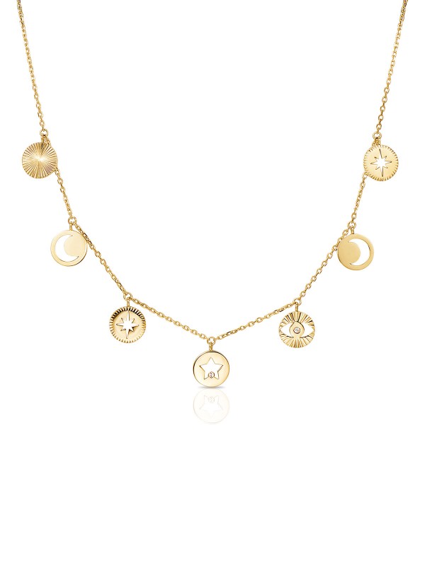 Atraktivna ogrlica od nerđajućeg čelika koja dolazi u modernoj boji žutog zlata koju karakterišu simboli Swarovski kristala. Poručite Vašu na Timer.co.rs.