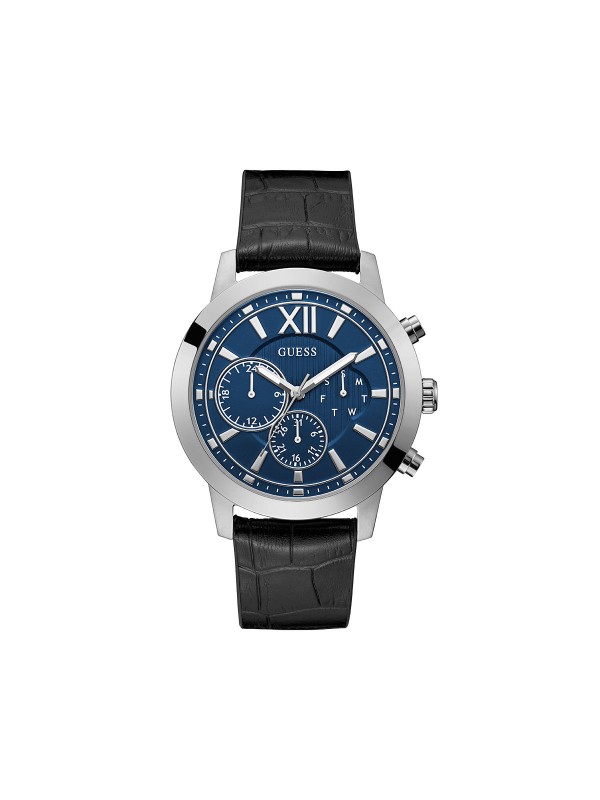 GUESS Mercury muški sat od nerđajućeg čelika u boji srebra s crnom kožnom narukvicom, brojčanik Plavi Sunray i prečnik kućišta 45mm. Kolekcija Fall 2020.
