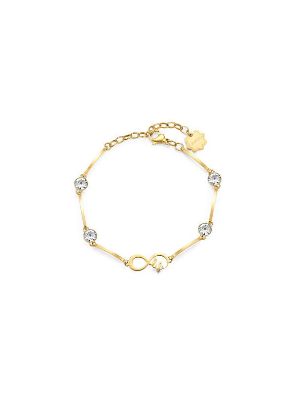 Poručite Brosway Chakra narukvicu od nerđajućeg čelika boje žutog zlata sa znakom beskonačnosti i Swarovski kristalima.
