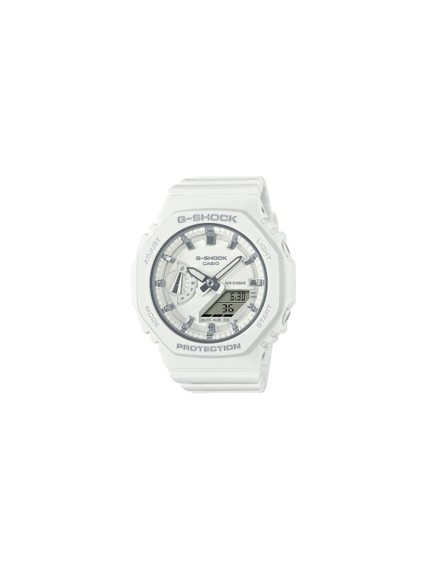 Novi G-SHOCK WOMAN ženski sat je smanjena verzija GA2100 modela. GMA-P2100-7AER je model u klasičnoj beloj boji sa detaljima u boji srebra.