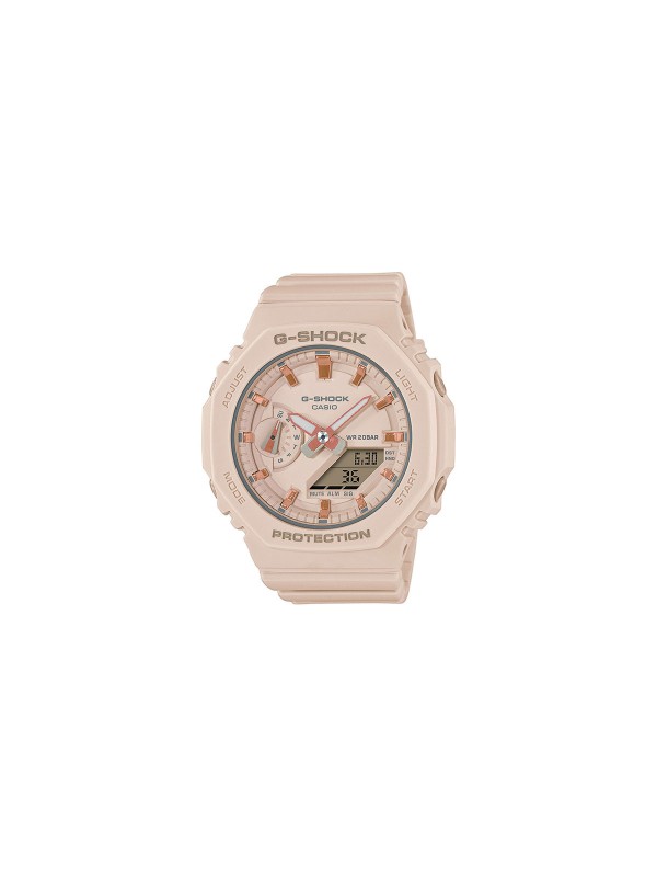 Novi G-SHOCK WOMAN ženski sat je smanjena verzija GA2100 modela. Jednostavan i tanak dizajn nežne svetlo roze boje sa rosegold detaljima.