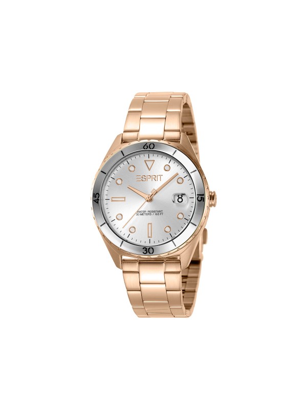 Šarmantan ESPRIT ženski sat od nerđajućeg čelika u rosegold boji s top ringom i brojčanikom srebrne boje. Savršen i moderan dodatak za elegantne žene.