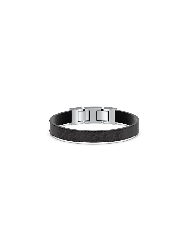 Guess Tucson narukvicu - model od crne kože sa utisnutim printom "G Cube" i kopčom na magnem u boji srebra, poručite putem Timer.co.rs online shop-a.