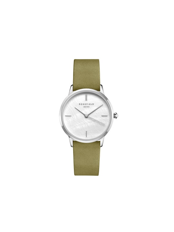 Rosefield ženski sat nežnog dizajna - redizajniran klasik sa sedefnim brojčanikom i maslinasto zelenim kožnim kaišem, poručite u Timer.co.rs online shop-u.