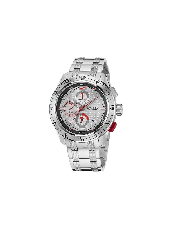 Muški sat sportskog dizajna - model kolekcije Nautica Gents u boji srebra sa detaljima u crvenoj boji, brzo i lako poručite putem Timer.co.rs online shop-a.