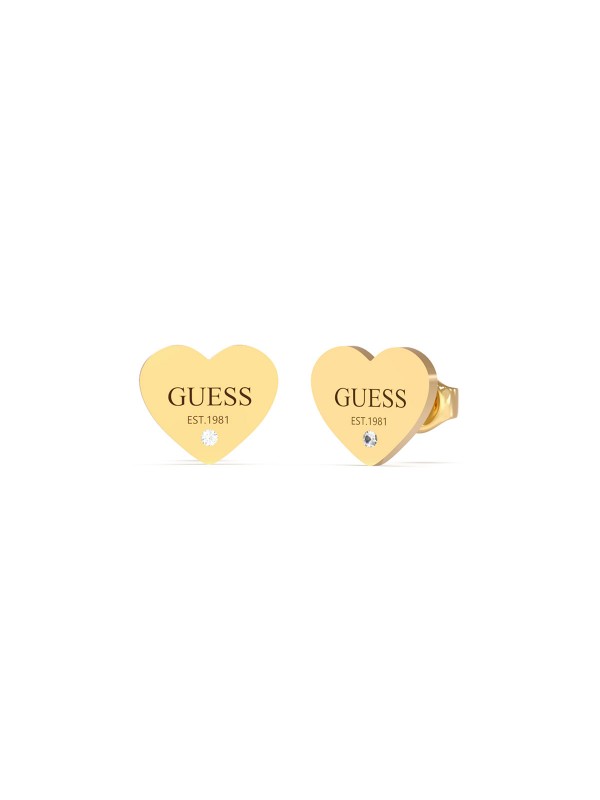 GUESS Studs Party ženske minđuše - model u boji žutog zlata u obliku srca veličine 11mm i sa crnim logotipom, poručite putem S&L Jokić online shop-a.