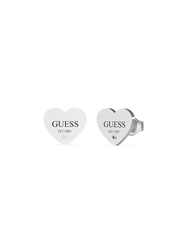 GUESS Studs Party ženske minđuše - model u boji srebra u obliku srca veličine 11mm i sa crnim logotipom, lako poručite putem S&L Jokić online shop-a.