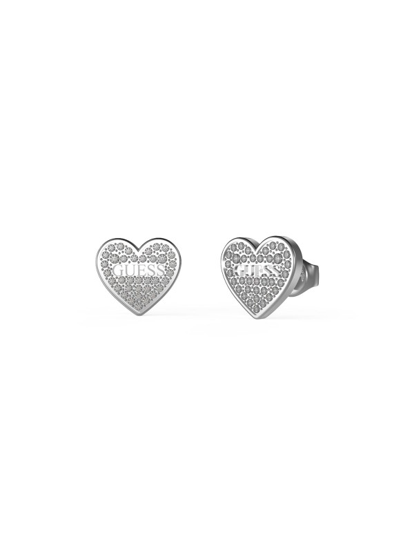 GUESS Studs Party ženske minđuše - model u boji srebra u obliku srca veličine 11mm i sa cirkonima i logotipom, poručite putem Timer.co.rs online shop-a.