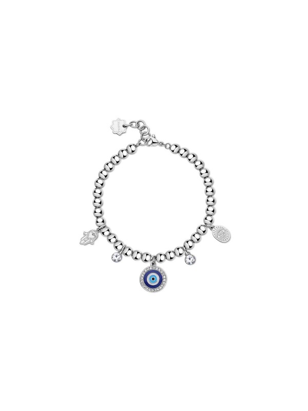 Ženska narukvica sa kuglicama CHAKRA MYSTICAL ✓ Od nerđajućeg čelika u boji srebra ✓ Privesci Evil Eye sa plavim emajlom ➤ Otkrijte odmah!