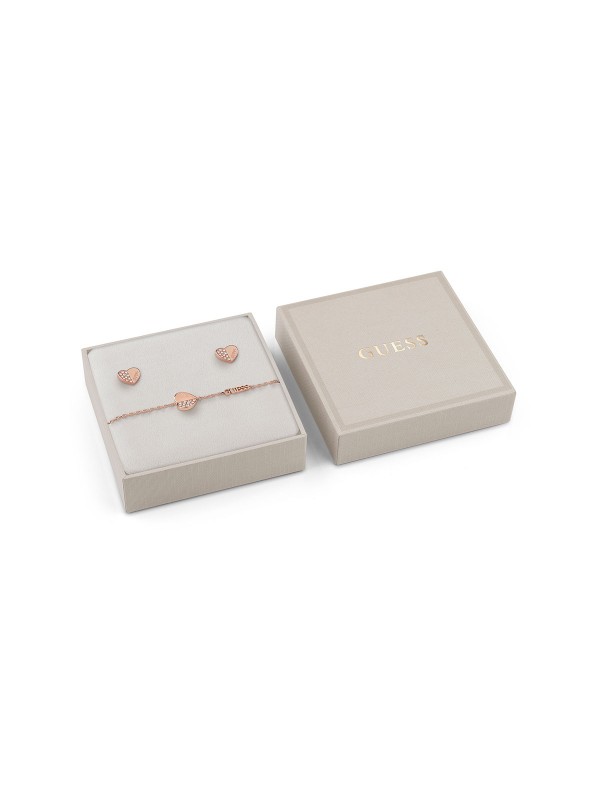 Lovely Guess Ženski Box Set - Narukvica i minđuše u obliku ♥ Nerđajući čelik u boji roze zlata ✓ Sa cirkonima i logom Guess ➤ Poručite sad!
