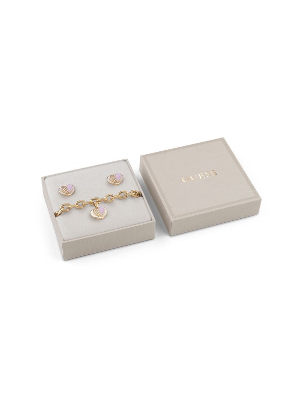 Lovely Guess Ženski Box Set - Narukvica i minđuše u obliku ♥ Nerđajući čelik u boji žutog zlata ✓ Roze emajl ✓ Moderan dizajn ➤ Poručite sad!