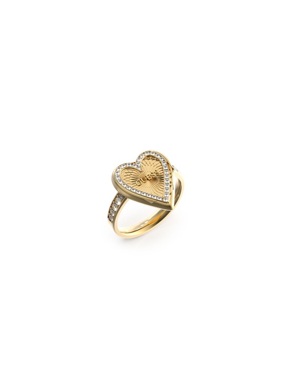 Očaravajući sjaj uz ovaj ženski prsten - GUESS LOVE ME TENDER - Model u boji žutog zlata sa motivom SRCE - Logotip GUESS - Poručite online!