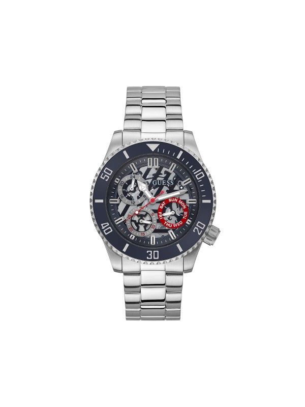 Guess Axle ručni sat - model od nerđajućeg čelika u boji srebra sa plavim top ring-om i crnim brojčanikom,  lako poručite putem Timer.co.rs online shop-a.
