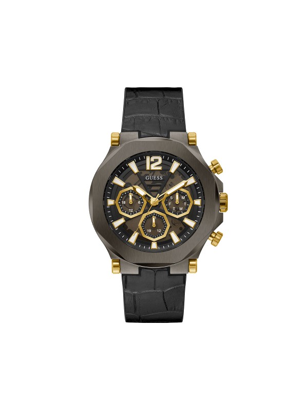 Guess Edge muški ručni sat - model sa crnim brojčanikom i crnim kožnim kaišem sa kroko printom, brzo i lako poručite putem Timer.co.rs online shop-a.