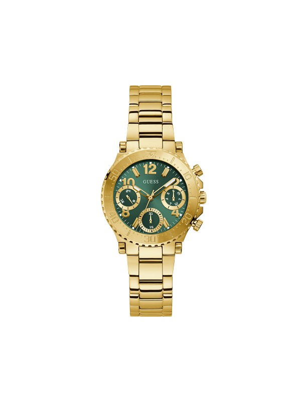 Izražajna elegancija u zlatnoj boji. GUESS ŽENSKI SAT COSMIC GW0465L5 - Prečnik 36mm, zeleni sunray brojčanik. Kupite online!