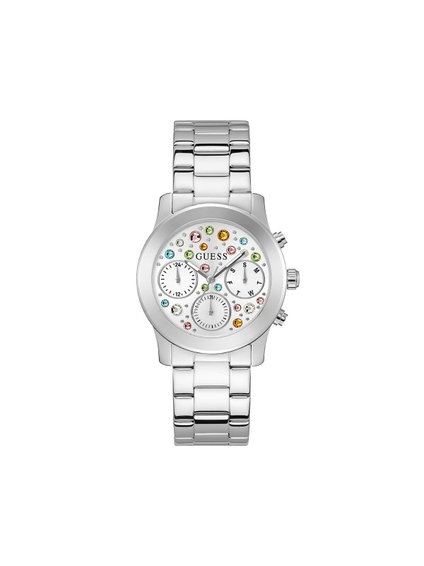 Razigrana kombinacija boja - GUESS ŽENSKI SAT FANTASIA GW0559L1 - Prečnik 38mm, srebrni brojčanik sa cirkonima u raznim bojama.