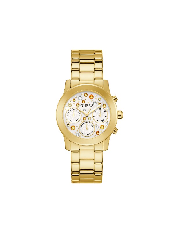 Ekskluzivna elegancija u zlatnoj boji. GUESS ŽENSKI SAT FANTASIA GW0559L2 - Prečnik 38mm, beli brojčanik sa cirkonima u raznim bojama. Poručite online!