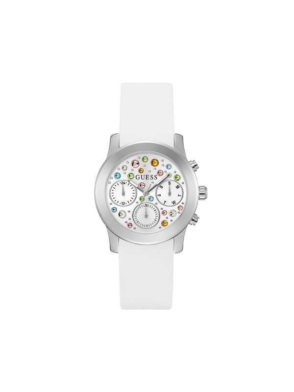 Sofisticirano belo. GUESS ŽENSKI SAT FANTASIA GW0560L1 - Prečnik 38mm, srebrni brojčanik sa cirkonima u raznim bojama. Kupite online!