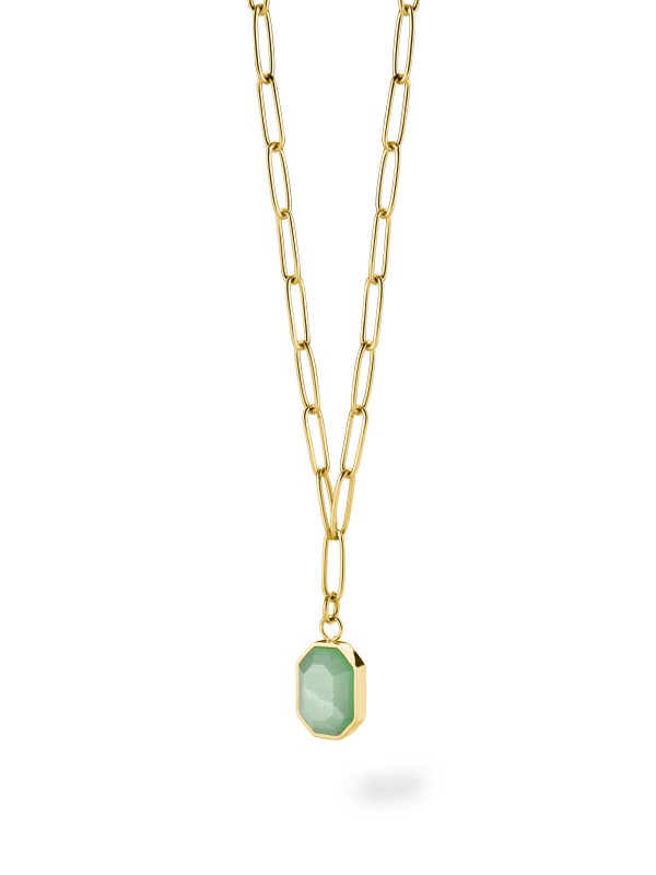 Oplemenite svoj izgled sa ogrlicom Geometric Gemstone. Predivni zeleni aventurin u kombinaciji sa žutim zlatom za stil i eleganciju.