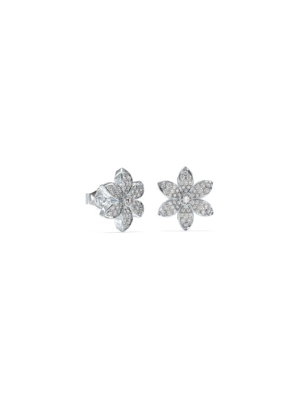 Elegantne GUESS minđuše "White Lotus" sa cirkonima, srebrne boje, od nerđajućeg čelika, 15mm - savršen dodatak za svaku priliku.