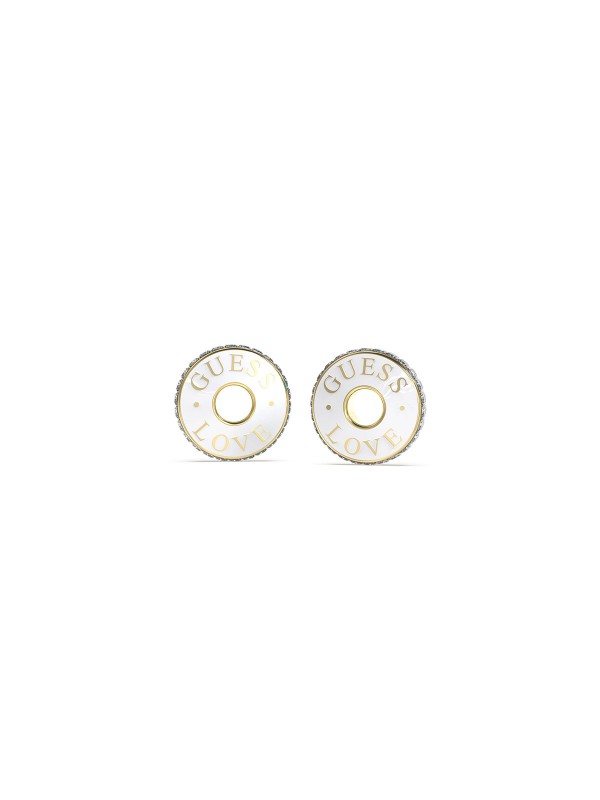 Elegantne GUESS minđuše u boji žutog zlata s belim emajlom. Savršen dodatak sa LOVE gravurom, prečnik 17mm. Idealne za svaki stil!
