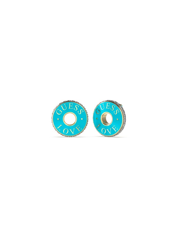 Otkrijte elegantne GUESS minđuše u zlatnoj boji s tirkiznim emajlom. Savršen dodatak za svaki outfit. Prečnik 17mm - GUESS LOVE gravura.