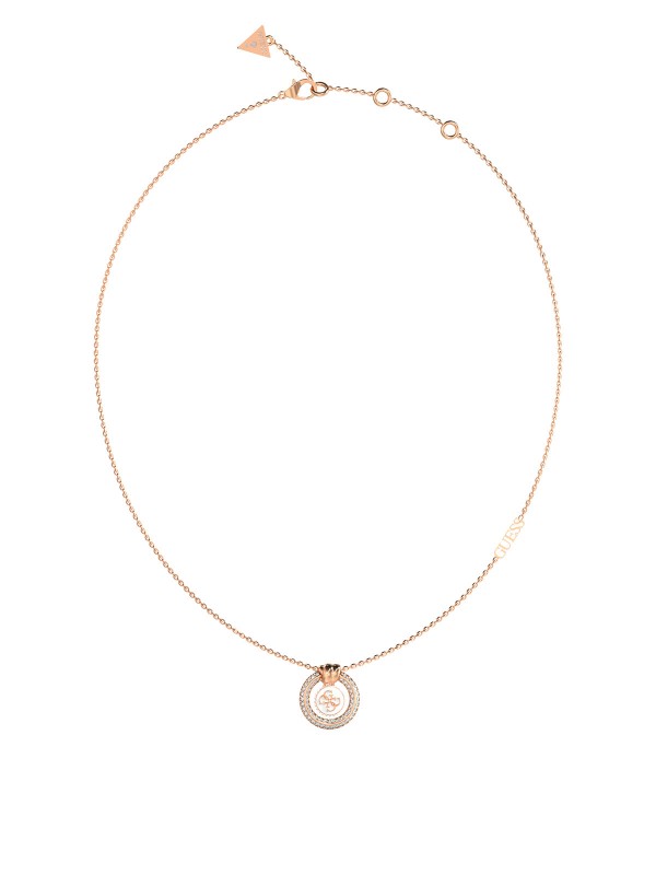 Otkrijte elegantnu GUESS ogrlicu u roze zlatu s emajliranim krugom, 4G logom i cirkonima. Podesiva dužina 41-46cm. Idealna za svaki stil.