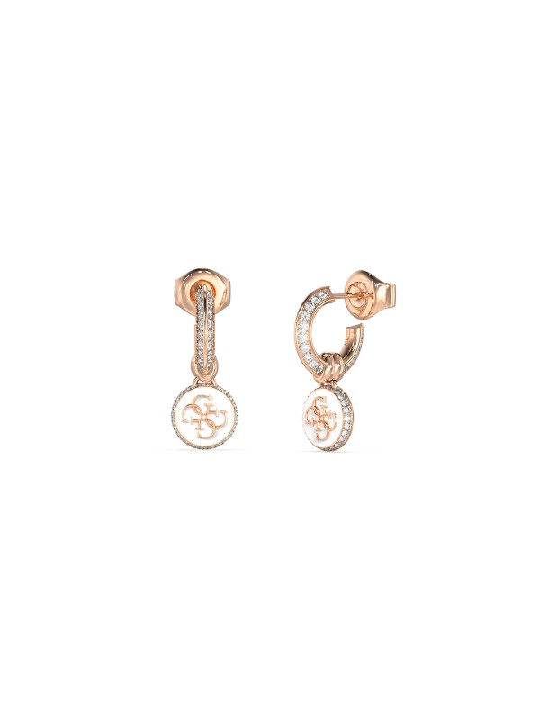 Otkrijte elegantne GUESS minđuše "Knot You" u roze zlatu s belim emajlom, cirkonima i 4G logom. Savršen dodatak, veličine 24mm.