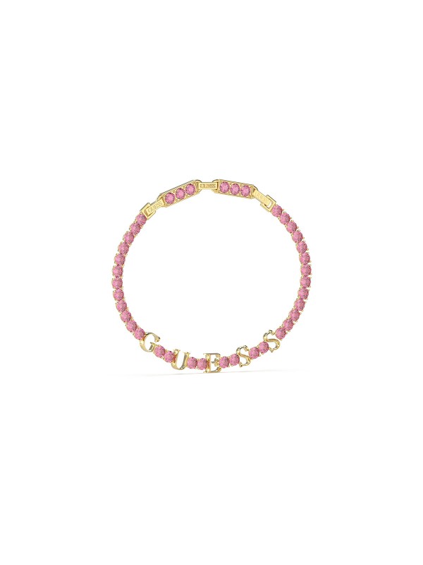 Otkrijte GUESS tenis narukvicu sa pink cirkonima, podesive dužine i zlatnog sjaja za savršen "arm party" stil.