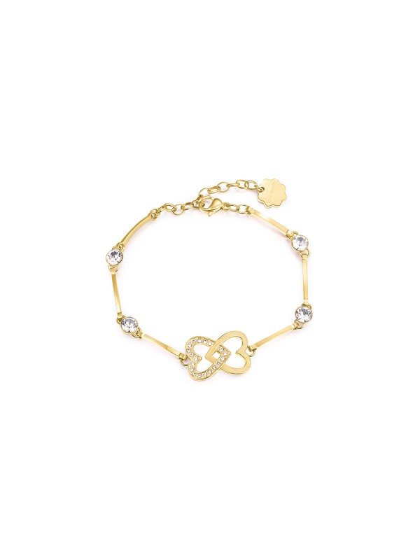 Ženska narukvica od nerđajućeg čelika u boji žutog zlata sa dva srca i Swarovski kristalima, dužine 18,5cm + gravirana poruka.