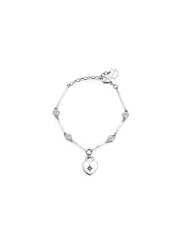 Ženska narukvica od nerđajućeg čelika sa priveskom u obliku srca i svetlo plavim Swarovski® kristalima.