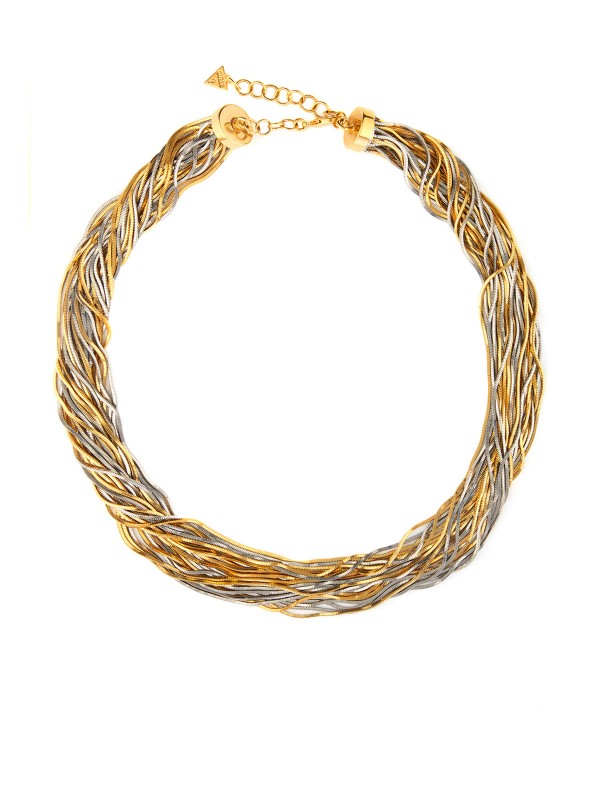 Elegantna GUESS ženska ogrlica sa uvijenim lančićima u srebru i žutom zlatu. Podesiva dužina 41-46cm. Dodajte sjaj svom stilu!