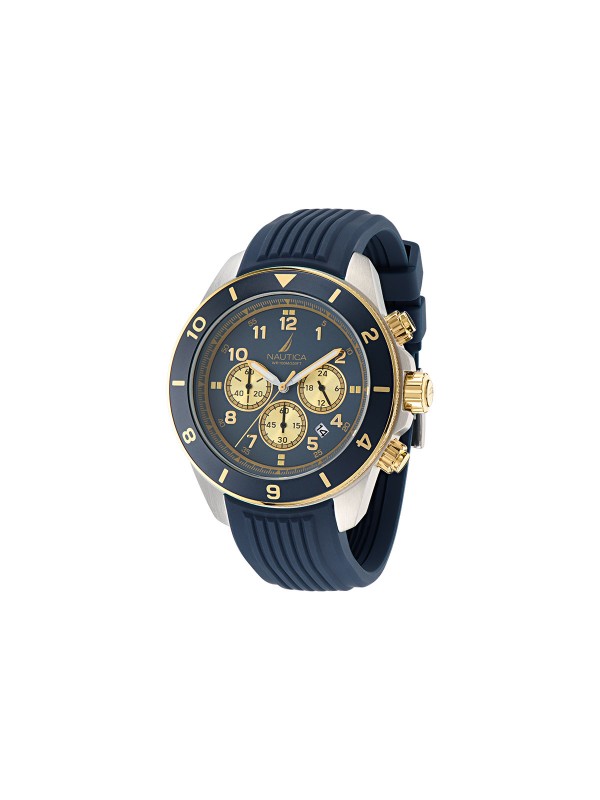 Elegantni Nautica One muški hronograf sat sa teget brojčanikom i detaljima u boji žutog zlata. Reciklirani čelik, vodootporan do 100m.