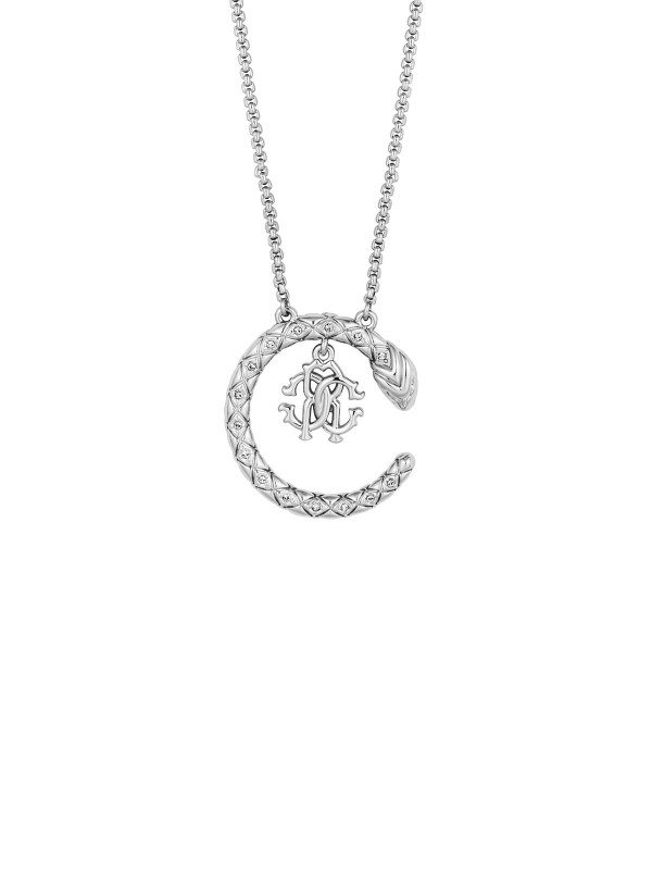 Elegantna Roberto Cavalli ogrlica Serpente sa zmijskim privjeskom, logotipom "RC" i cirkonima u srebrnoj boji.