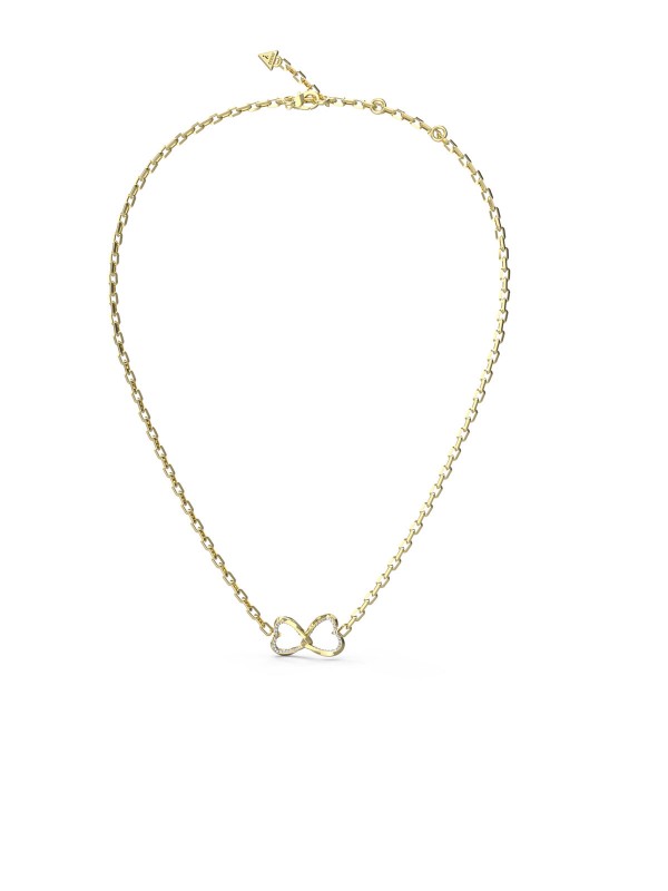 Elegantna Guess ogrlica u boji žutog zlata sa dva srca, podesive dužine 41-46cm, savršen dodatak za svaku priliku.
