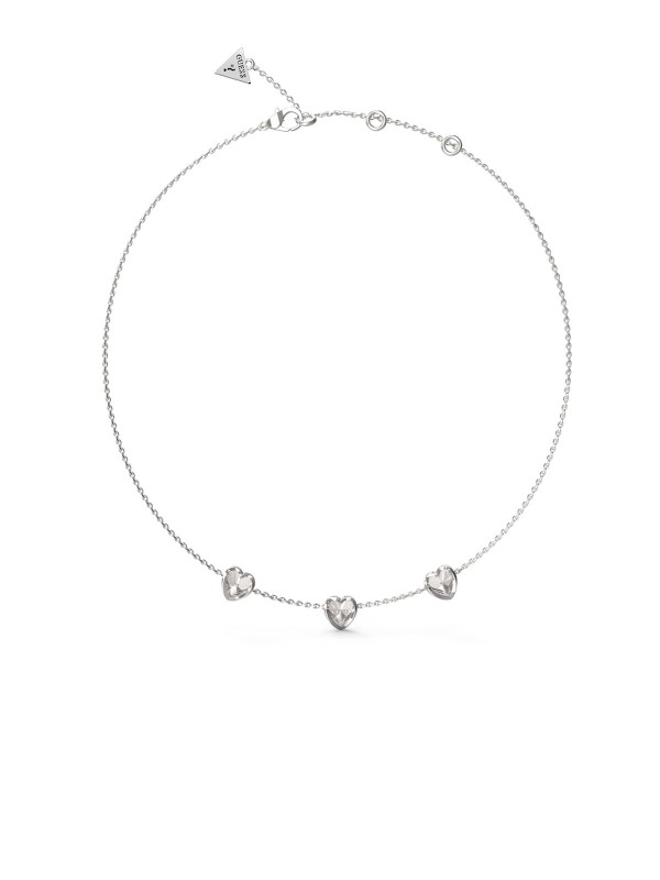 Elegantna Guess ogrlica u boji srebra sa tri srca, podesive dužine 41-46cm. Idealna za svaku priliku.