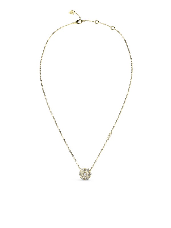 Elegantna Guess ogrlica u boji žutog zlata s cvetom božura i cirkonima, podesive dužine 41-46cm. Idealna za svaku priliku.