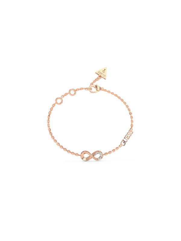 Elegantna GUESS narukvica "Endless Dream" u roze zlatu sa znakom beskonačnosti i cirkonima. Savršen dodatak za svaku ženu.