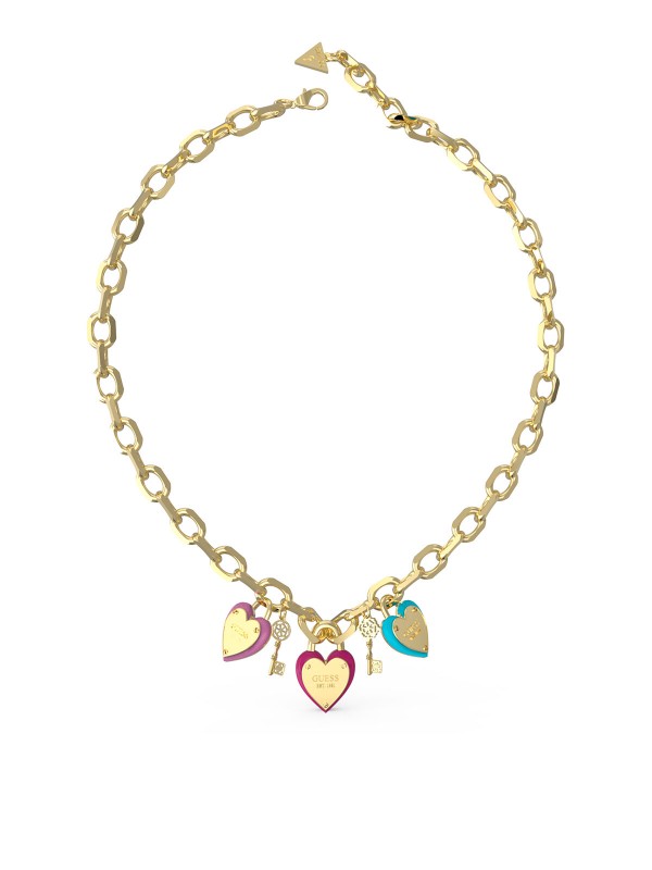 Otkrijte GUESS ogrlicu "All You Need Is Love" od nerđajućeg čelika sa zlatnim karikama i šarenim srcem. Idealna dužina 41-46cm.