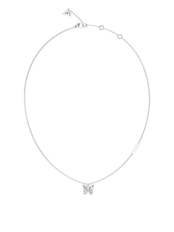 Otkrijte elegantnu "CRYSALIS" GUESS ogrlicu od nerđajućeg čelika sa srebrnim leptirom i cirkonima. Podesiva dužina 41-46cm.