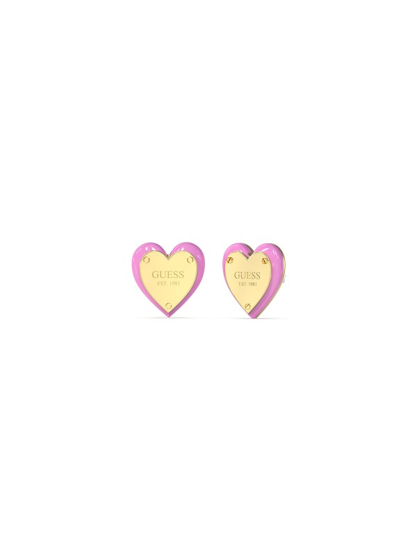 Otkrijte GUESS minđuše "ALL YOU NEED IS LOVE" - ženski nakit od zlatnog nerđajućeg čelika sa pink emajlom u obliku srca.