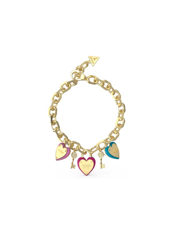 Otkrijte elegantnu Guess žensku narukvicu "All You Need Is Love" sa privescima srca i ključa u zlatnoj boji i šarenim emajlima.