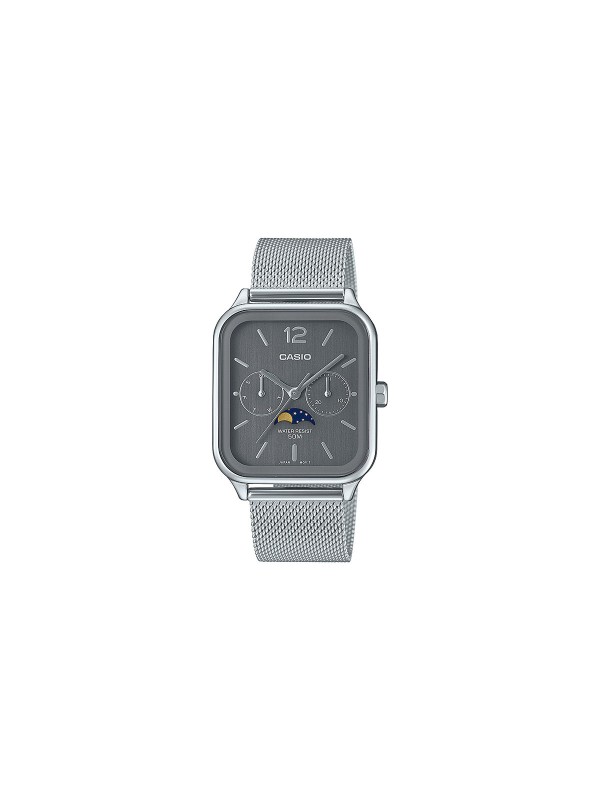 Otkrijte Casio MTP-M305M-8AVER, elegantan sivi sat sa indikatorom mesečevih mena i mesh narukvicom. Vodootporan do 50m, sa danom i datumom