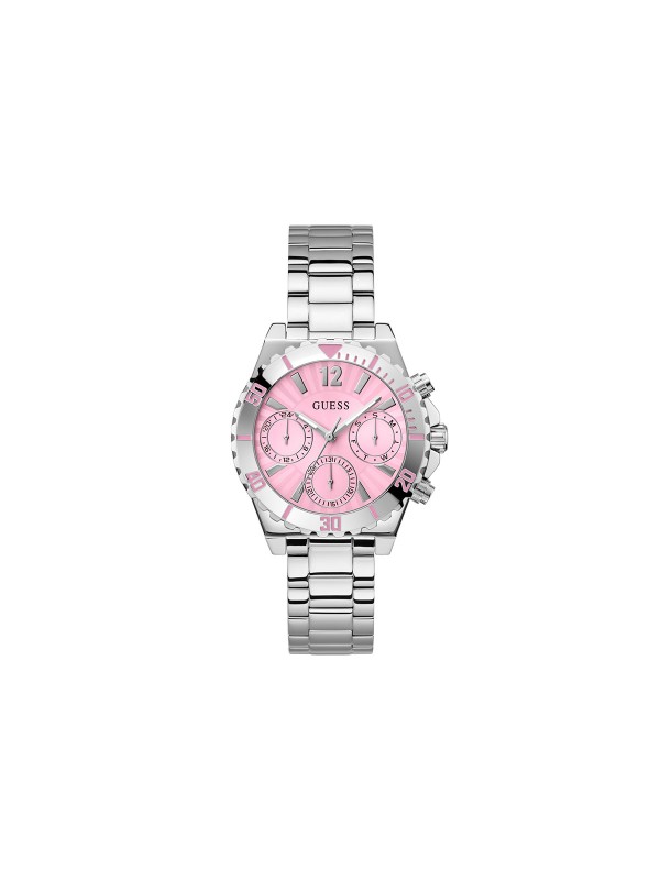 Elegantan Guess ženski sat "Phoebe" GW0696L1, srebrni multi-function sa roze brojčanikom, vodootporan do 30m. Idealno za svaki stil!