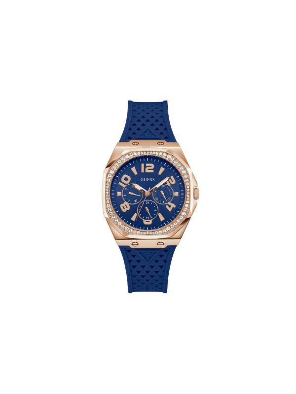 Elegantan Guess ženski sportski sat "Zest" GW0694L4 s oktagonalnim kućištem roze zlata i teget silikonskom narukvicom.